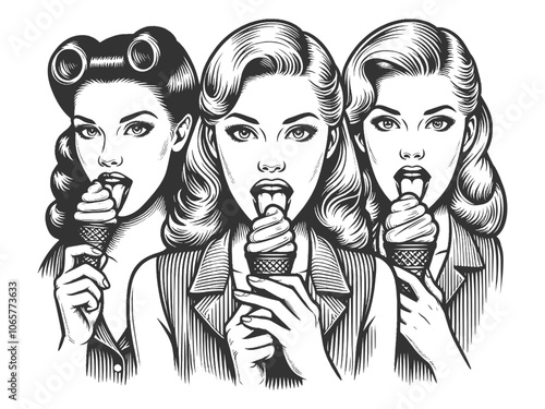 three retro-styled women enjoying ice cream cones, evoking a classic, nostalgic vibe sketch engraving generative ai vector illustration. Scratch board imitation. Black and white image.