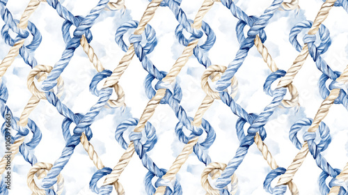 Watercolor seamless pattern of nautical ropes and sea knots ideal for fabric design and marine themed decor