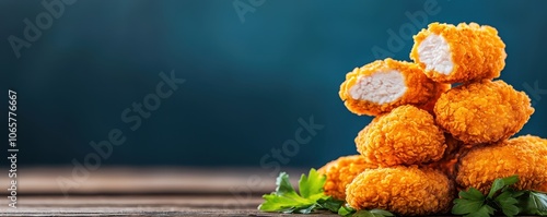 Crispy chicken nuggets stacked on a wooden table. photo