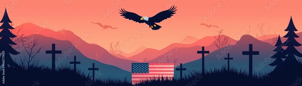 Fototapeta premium Eagle flying over a mountainous landscape at sunset.