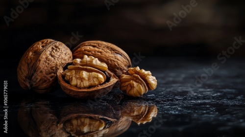 Juglans nigra walnuts rest dark surface illuminated contour lighting highlights their rich textures and shapes creating elegant and natural presentation. photo