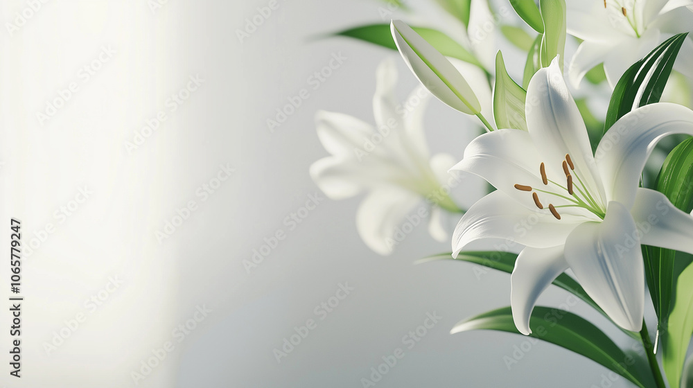 Fototapeta premium Delicate white lilies arranged on a soft background, symbolizing purity and elegance.