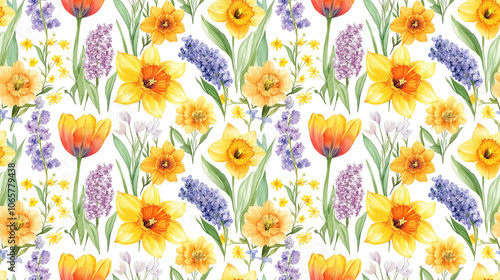 Watercolor seamless pattern featuring vibrant spring flowers including tulips daffodils lilac and mimosa perfect for wedding invitations and decorative designs