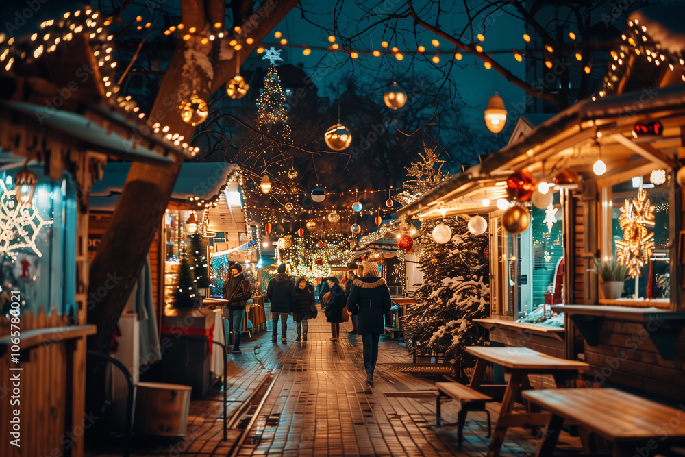 Fototapeta premium Christmas market. Christmas decorations of street.