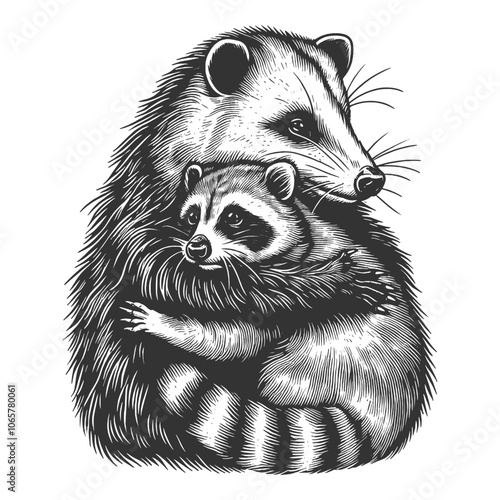 opossum hugging a raccoon, symbolizing friendship and warmth in a whimsical, classic style sketch engraving generative ai vector illustration. Scratch board imitation. Black and white image.