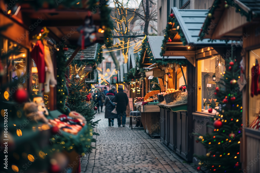 Naklejka premium Christmas market. Christmas decorations of street.