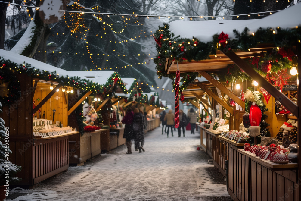 Obraz premium Christmas market. Christmas decorations of street.