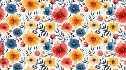 Seamless pattern featuring vibrant watercolor flowers with intricate botanical illustrations ideal for fabric design and home decor