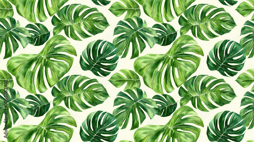 Fototapeta premium Seamless watercolor pattern featuring vibrant tropical green leaves perfect for fabric design and home decor