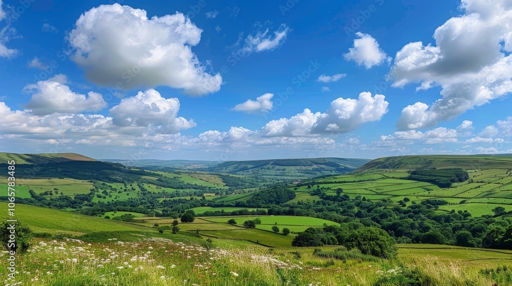 Endless Green Hills, panoramic vista of lush rolling hills bathed in vibrant green, expansive bright blue sky adorned with soft, fluffy white clouds gliding peacefully above Endless Green Hills, panoramic vista of lush rolling hills bathed in vibrant green, expansive bright blue sky adorned with soft, fluffy white clouds gliding peacefully above