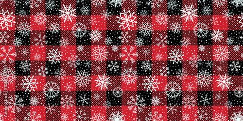 Winter and Christmas red and black buffalo plaid Lumberjack snowflake, snow seamless vector pattern, holiday background