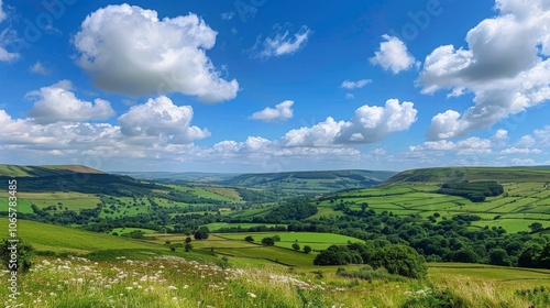Wallpaper Mural Endless Green Hills, panoramic vista of lush rolling hills bathed in vibrant green, expansive bright blue sky adorned with soft, fluffy white clouds gliding peacefully above Torontodigital.ca