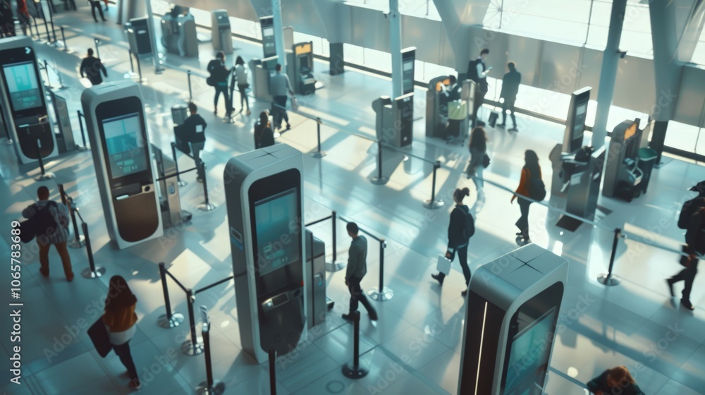 Fototapeta premium Busy airport terminal bustling with travelers at digital kiosks, advanced security screening in action, showcasing modern travel dynamics and technology in motion