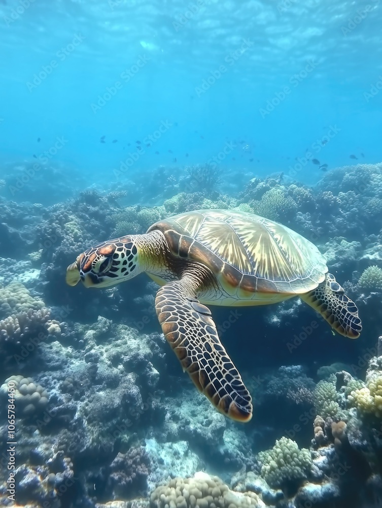 Obraz premium Turtle swimming over coral reef