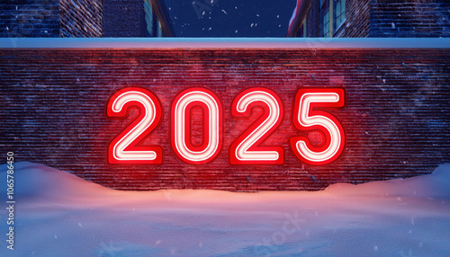 3D rendering of a red neon sign with the number 2025 on a brick wall in a snowy night photo