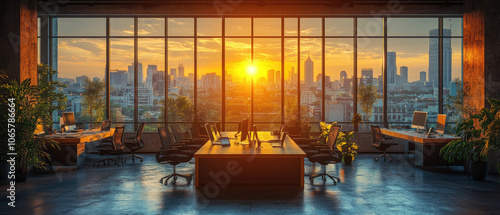 Inspiring Modern Office with City Sunset View photo