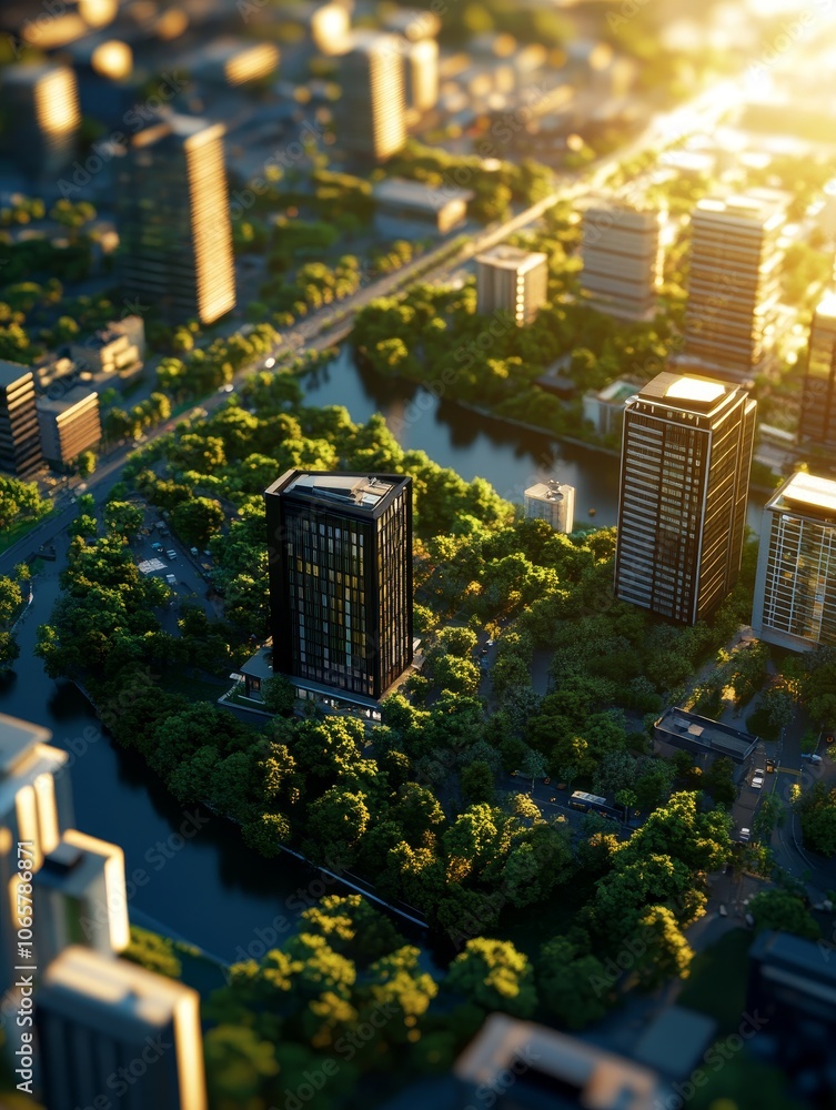 Obraz premium A futuristic city skyline showcasing a harmonious blend of nature and urban development. The image highlights green spaces, integrated waterways, and eco-friendly architecture, symbolizing sustainable