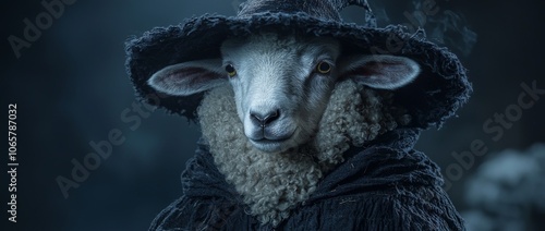 Witch sheep, a Halloween farm animal wearing hats and caps in a moonlit field photo