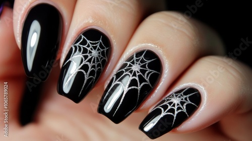 Spooky halloween nail design with glossy black and spider web art - perfect for seasonal celebrations and decorations photo