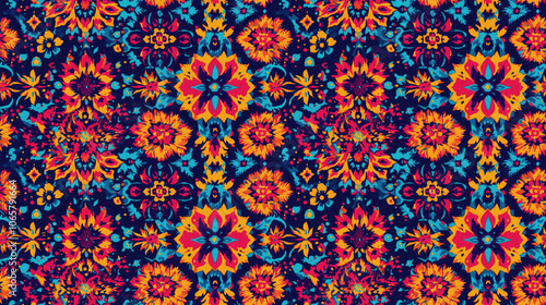 Seamless abstract floral ethnic pattern featuring beautiful geometric designs and tie dye effects for textile applications