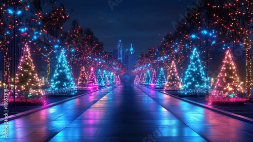 Futuristic Christmas cityscape with neon lights and decorated trees