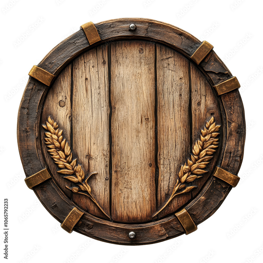 Fototapeta premium Wooden shield with wheat embellishments.