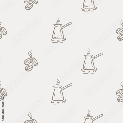 Simple black and white seamless pattern with coffee beans and coffee pot for brewing. Set of icons for the design of a cafe, restaurant, coffee shop, cafeteria. Endless background for gift paper