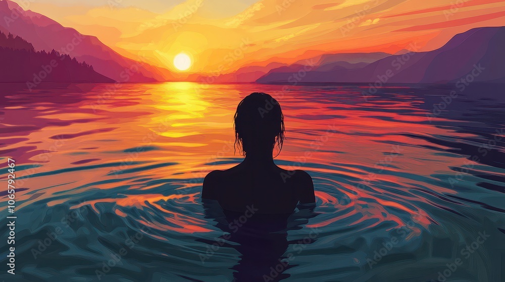 Fototapeta premium Generative AI illustration Back view of unrecognizable female silhouette standing in rippling sea water and enjoying sunset over mountains