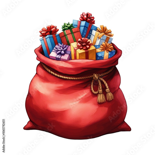 Santas Red Sack Bag filled with Presents and Gifts for Christmas Delivery, Isolated Transparent PNG photo