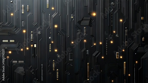   A stunning black and gold circuit board wallpaper featuring an array of shining lights emanating from above the board