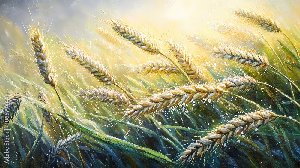 Fototapeta premium Wheat heads with sparkling dew and gentle sun rays.