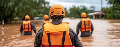 Rescue team helping residents evacuate flood-prone area, organized and safe photo