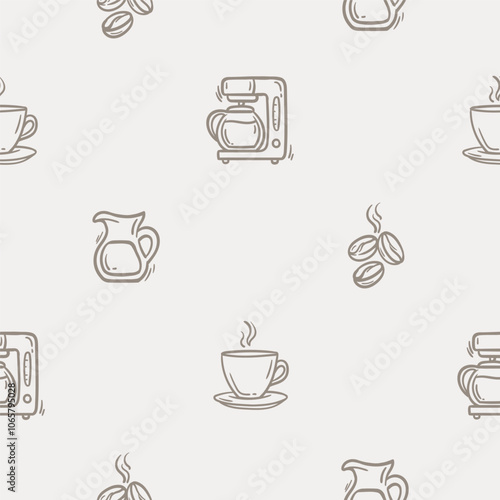 Simple black and white seamless pattern with coffee cup, coffee beans, milk jug and coffee maker. Set of icons for the design of a cafe, coffee shop, cafeteria. Endless background for gift paper