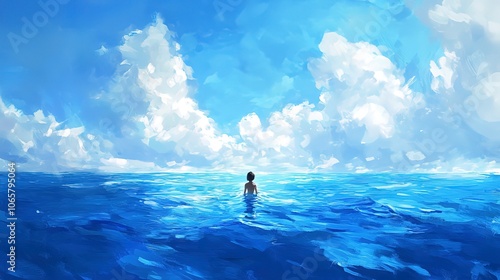 Woman swimming alone in a vast ocean, surrounded by blue. photo