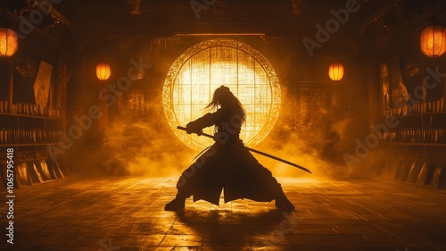 A ninja practicing with traditional weapons like a katana, throwing shurikens, and using a staff in a dojo setting