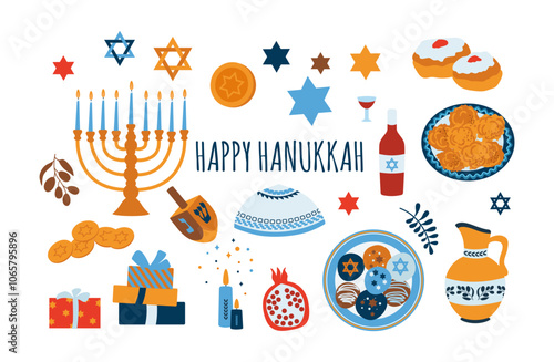 Hanukkah elements on a white background.Traditional Jewish holiday food in honor of the Hanukkah holiday and holiday symbols. Star of David, menorah, dreidel, candle,donuts, potato pancakes 