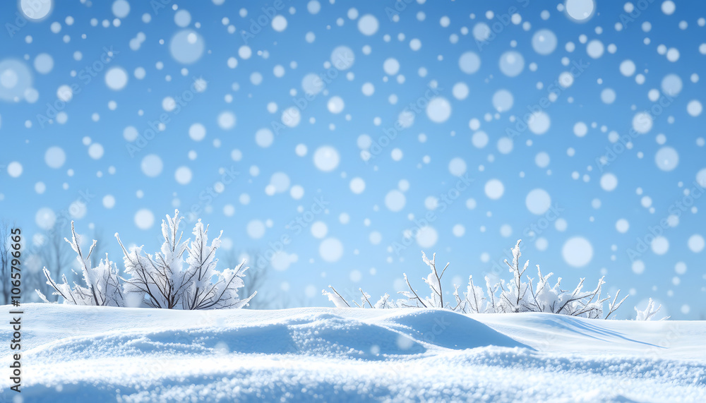 Fototapeta premium Winter natural snow background with snowdrifts, beautiful light and snow flakes on blue sky, beauty bokeh circles, copy space isolated with white highlights, png