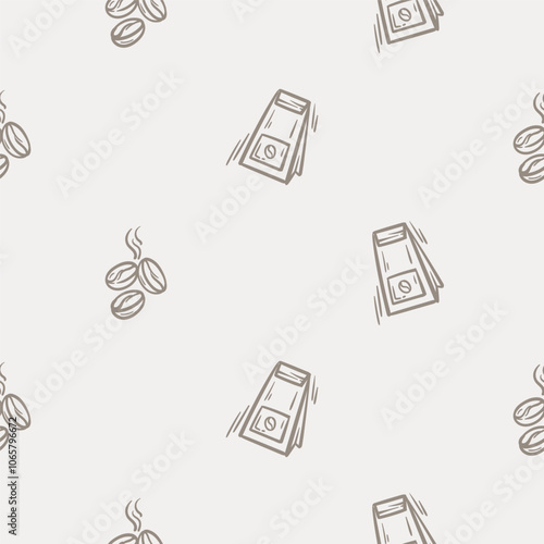 Simple black and white seamless pattern with coffee beans and paper bag. Set of icons for the design of a cafe, restaurant, coffee shop, cafeteria. Endless background for gift paper 