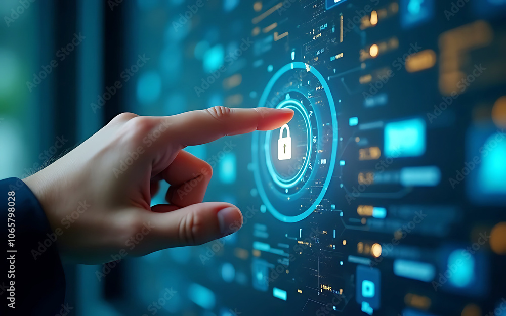 Fototapeta premium Businessman in suit touches a glowing padlock icon, symbolizing data security,