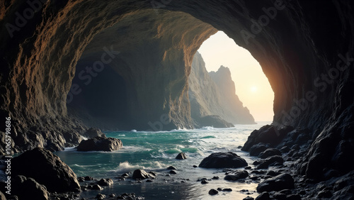 enormous cave entrance with sunset visible photo