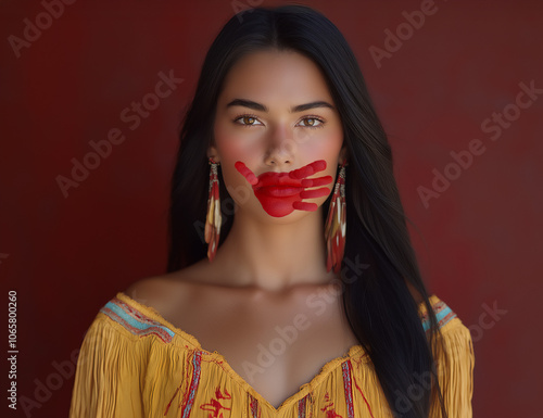 Portrait of Native American, indigenous, First Nations woman with red hand print across mouth, missing and murdered women awareness