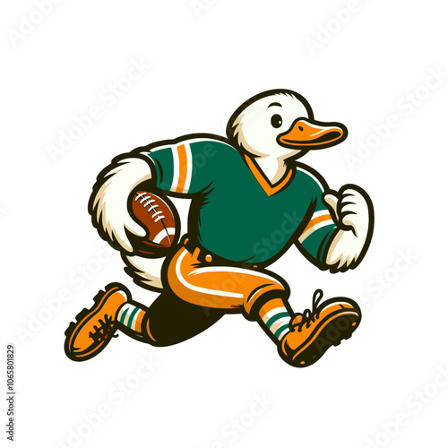 Duck character mascot. American football player  running with the ball in uniform. Isolated vector illustration