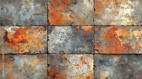 A textured surface of weathered tiles in earthy tones, showcasing rust and decay.