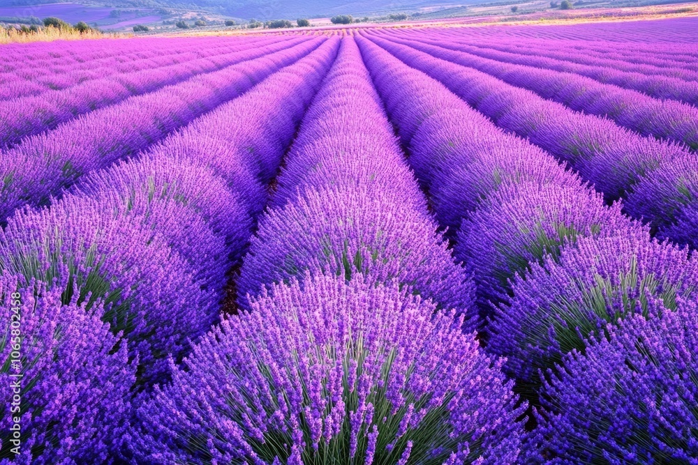 Naklejka premium Violet Sunset Landscape: Tranquil Countryside Field with Lavender Flowers in Twilight