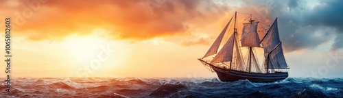 Sailboat on the ocean at sunset with dramatic clouds.