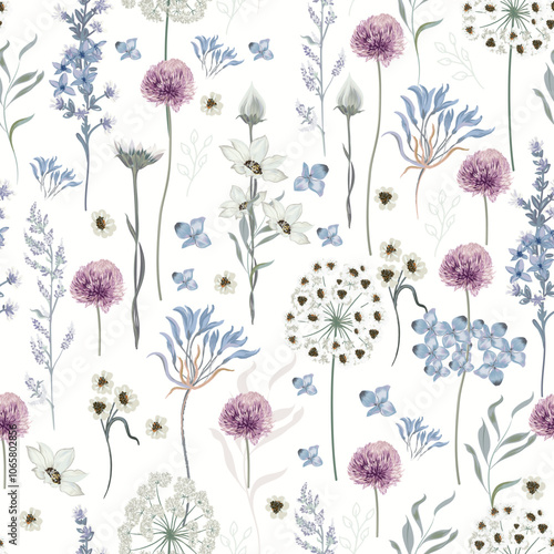 Blooming meadow seamless pattern. Plant background for fashion, wallpapers, p...