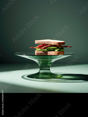 A picturesque and gourmet-style sandwich made with crispy bacon, fresh lettuce, and ripe tomatoes displayed on a unique elevated glass stand in warm lighting. photo