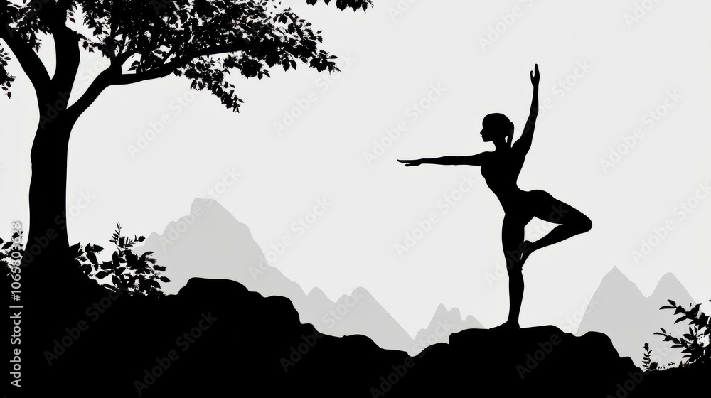 silhouette fitness girl practicing yoga on mountain silhouette fitness girl practicing yoga on mountain