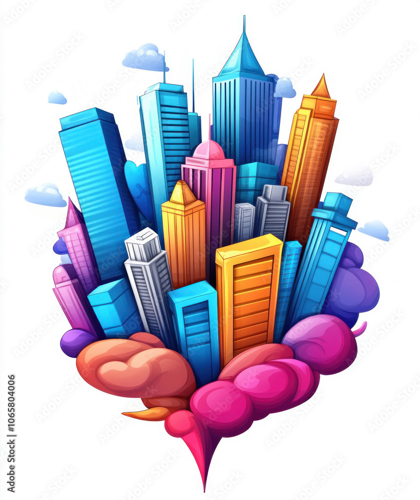 Obraz premium Colorful Cartoon Skyscrapers with Graffiti Style Elements