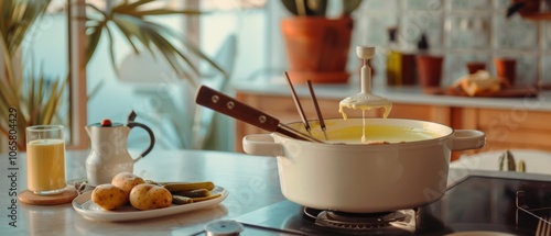 A homestyle fondue set abuzz in a cozy kitchen with dappled sunlight, inviting warmth and culinary delight. photo